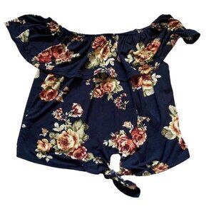 Daily Special Womens Floral, Front Tie Short Sleeve Blouse-Blue-Size Small-GUC